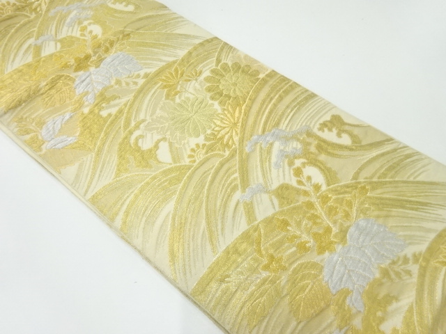 JAPANESE KIMONO / ANTIQUE FUKURO OBI / SILK / WOVEN WAVE & KIKU & PAULOWNIA